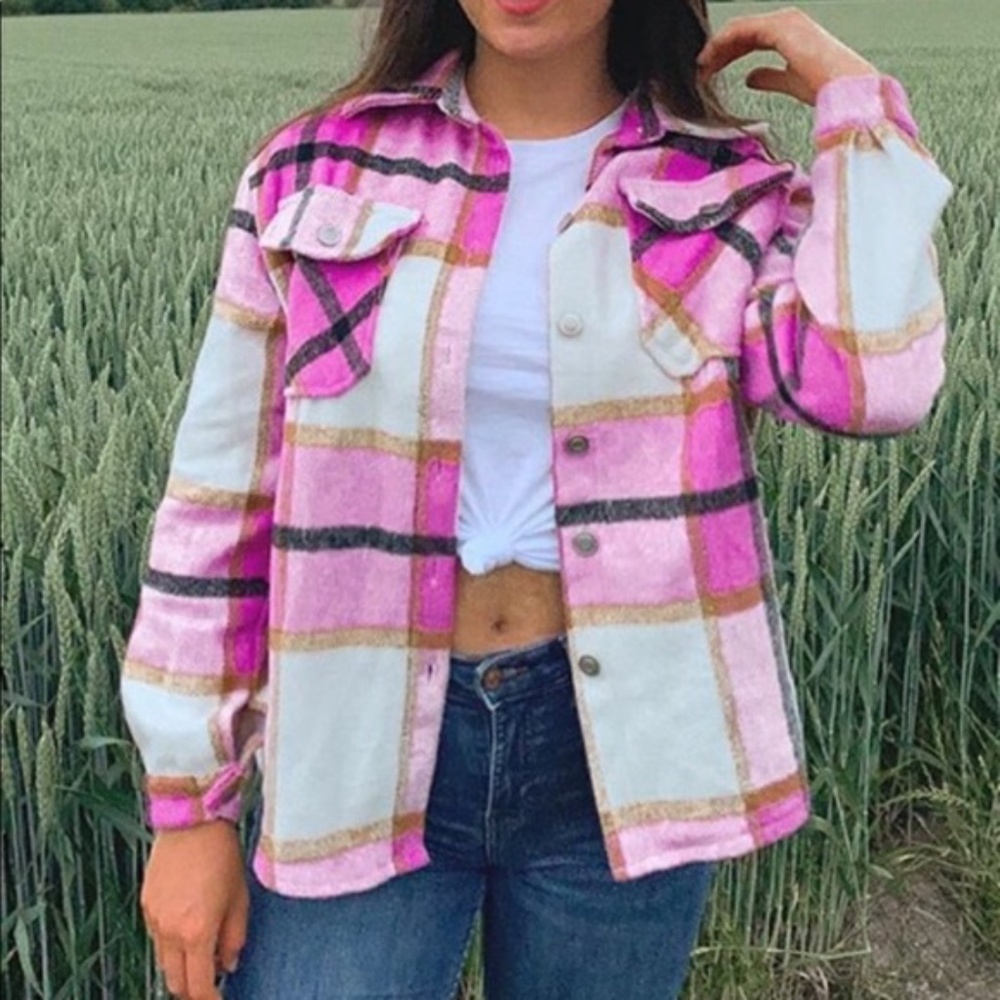 Cozy plaid button down Oversized trucker jacket Shacket - Picture 2 of 5